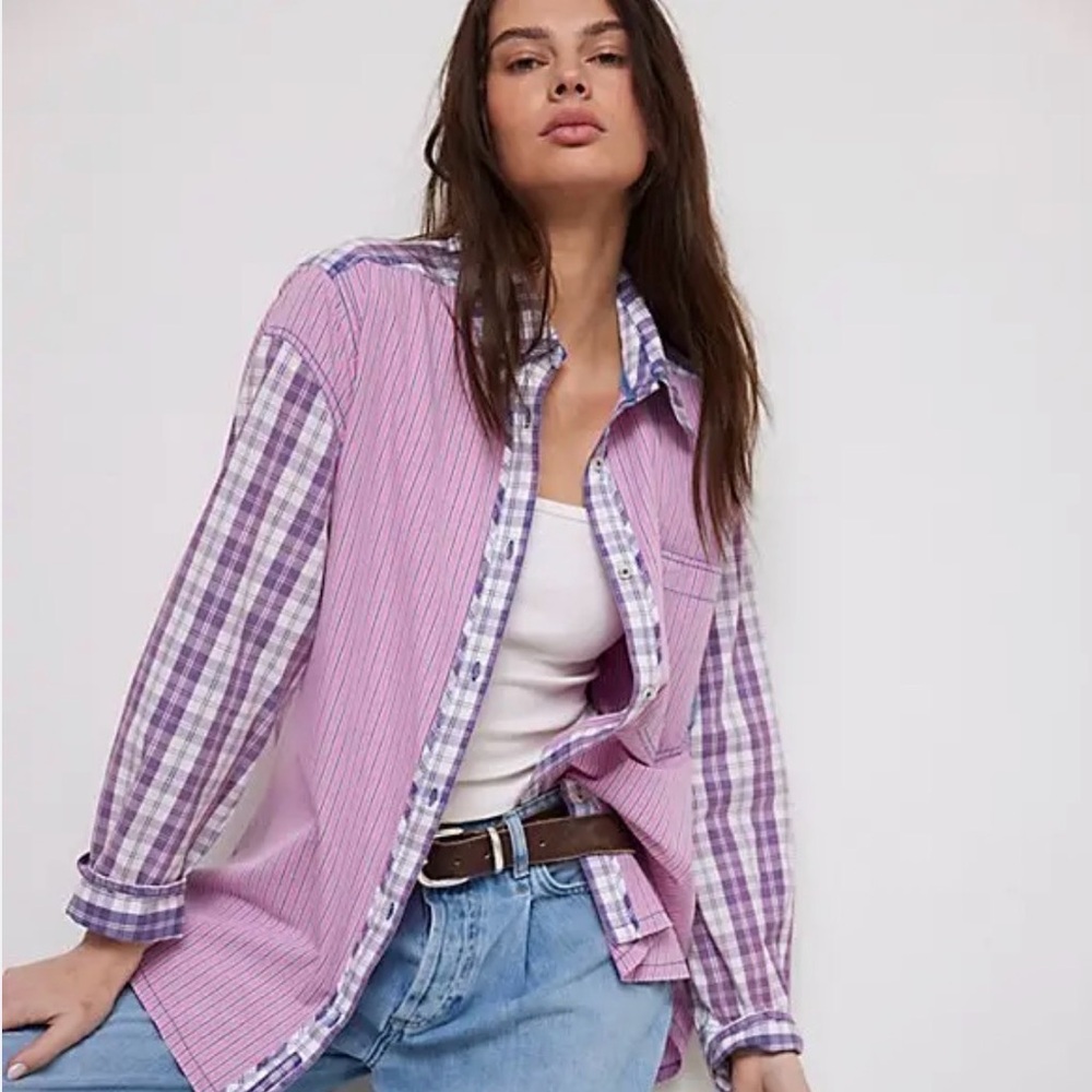 NWT We The Free Montauk Gingham Shirt in Blue/Pink Combo in XS